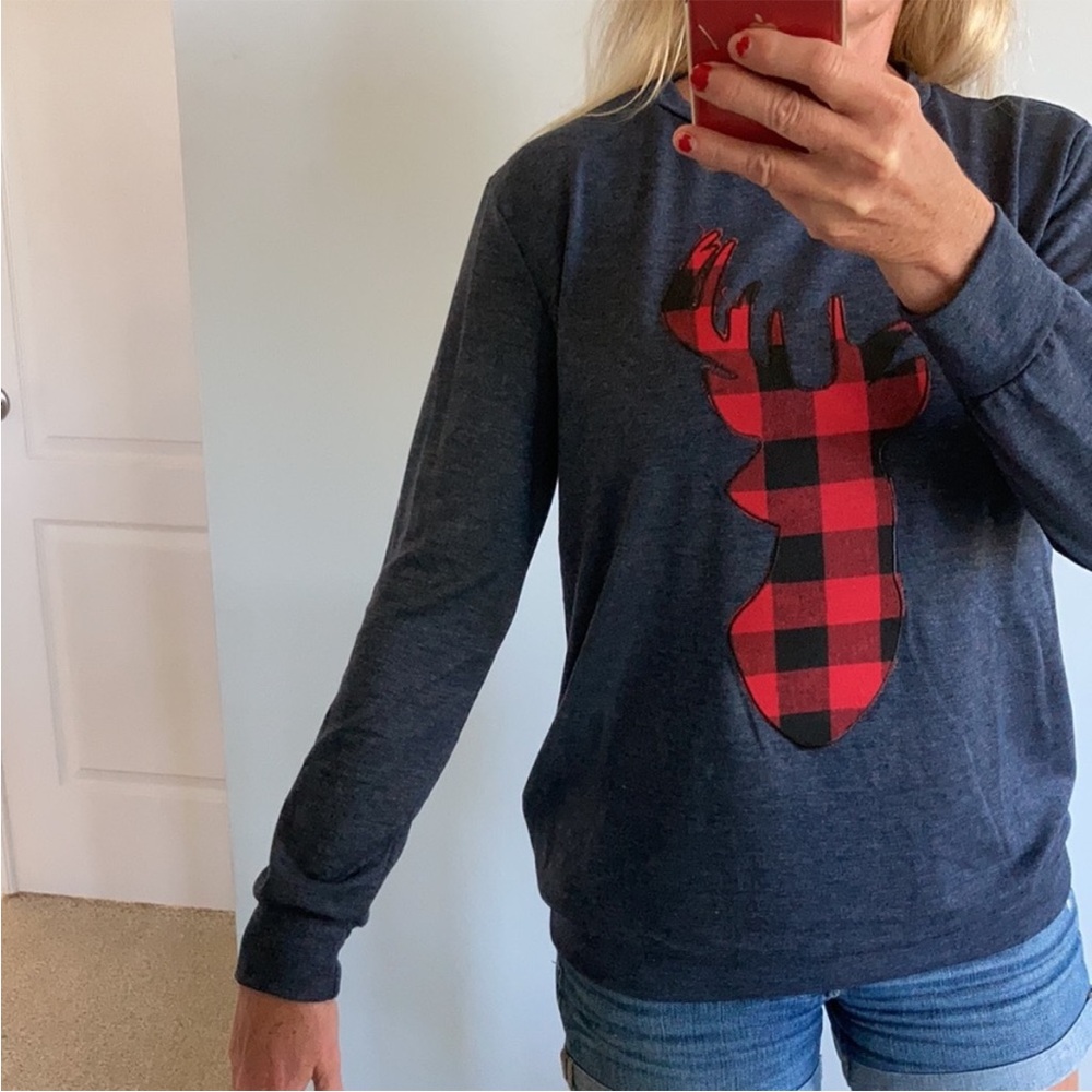 French Terry Long Sleeve Plaid Reindeer Top - Picture 3 of 11